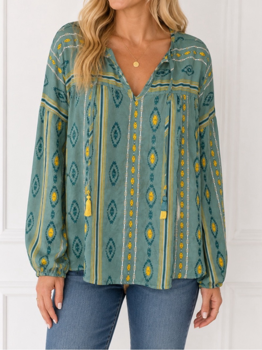 Cruel Denim boho-inspired long sleeve blouse in a muted teal/blue-green color